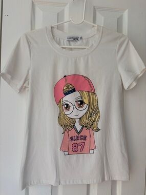 White Graphic Tee with Pink Cartoon Girl